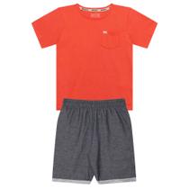 Conjunto Infantil Menino, Camiseta Flamê Coral e Bermuda Chumbo Conjunto Infantil Menino, Camiseta Flamê Coral e Bermuda Chumbo