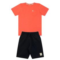 Conjunto Infantil Menino, Camiseta Flamê Coral e Bermuda Preta Conjunto Infantil Menino, Camiseta Flamê Coral e Bermuda Preta