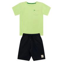 Conjunto Infantil Menino, Camiseta Flamê Verde Fluor e Bermuda Preta