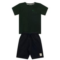 Conjunto Infantil Menino, Camiseta Flamê Verde Militar E Bermuda Preta