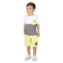 Conjunto Infantil Menino Camiseta Listras E Bermuda Super Estiloso