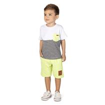 Conjunto Infantil Menino Camiseta Listras E Bermuda Super Estiloso