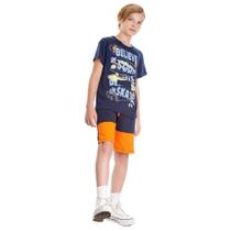 Conjunto Infantil Menino Camiseta Skate Bermuda Azul Laranja