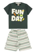 Conjunto Infantil Menino Camiseta Verde Militar Fun Day e Bermuda Sarja - Didiene