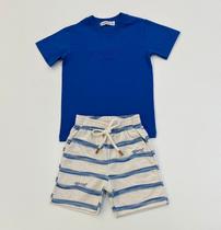 Conjunto Infantil Menino Divertto Camiseta Azul Bordada e Bermuda Bege Listras Conjunto Infantil Menino Divertto Camiseta Azul Bordada e Bermuda Bege Listras