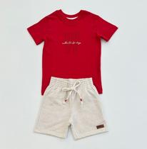 Conjunto Infantil Menino Divertto Camiseta Vermelha e Bermuda Linho Natal Verão Conjunto Infantil Menino Divertto Camiseta Vermelha e Bermuda Linho Natal Verão