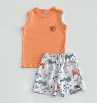 Conjunto Infantil Menino Divertto Regata Laranja Tigre e Bermuda Branca Safari Verão