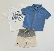 Conjunto Infantil Menino Johnny Fox Camiseta Branca Camisa Azul E Bermuda Bicolor