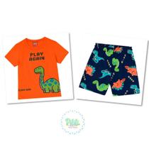 Conjunto Infantil Menino Kyly Camiseta Algodão Bermuda Moletom s/ Felpa Laranja/Marinho