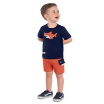 Conjunto Infantil Menino Kyly Camiseta Algodão Estampa Tubarão Bermuda Moletom Leve