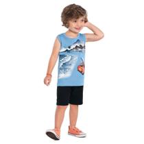 Conjunto Infantil Menino Kyly Regata Algodão Estampa Surfista Bermuda Moletom s/ Felpa Azul/Preto