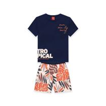 Conjunto Infantil Menino Kyly Tropical Camiseta Meia Malha Bermuda Microfibra Estampa Folhagem