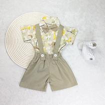 Conjunto Infantil Menino Mauricinho Camisa Social Com Gravata Mais Shorts Jardineira Temático de 01 a o3 Anos