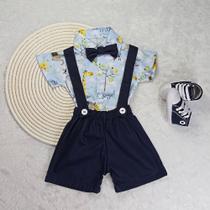 Conjunto Infantil Menino Mauricinho Camisa Social Com Gravata Mais Shorts Jardineira Temático de 01 a o3 Anos