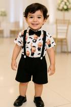 Conjunto Infantil Menino Mauricinho Camisa Social Com Gravata Mais Shorts Jardineira Temático de 01 a o3 Anos