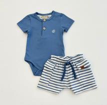 Conjunto Infantil Menino Milon Body Azul Com Botões E Bermuda Listrada Verão