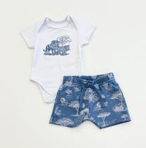 Conjunto Infantil Menino Milon Body Branco Bordado Leão E Onça Com Bermuda Azul Estampada Verão Conjunto Infantil Menino Milon Body Branco Bordado Leão E Onça Com Bermuda Azul Estampada Verão