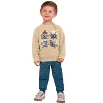 Conjunto Infantil Menino Milon Camisa em Veludo e Calça Moletom Flamê Fio Puro Peluciado Amendoa