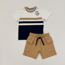 Conjunto Infantil Menino Milon Camiseta Listrada Azul Bege e Bermuda Cargo Caramelo Conjunto Infantil Menino Milon Camiseta Listrada Azul Bege e Bermuda Cargo Caramelo