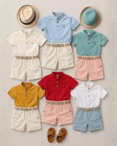 Conjunto Infantil Menino Social 3 Peças Bata Gola Padre + Bermuda Linho + Cinto Tam M ao 12 Tamanho:1Cor:Vermelho/Branc - MANULELE