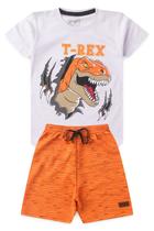 Conjunto Infantil Menino T-rex Branco e Listrado Preto e Laranja