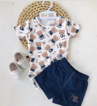 Conjunto Infantil Menino Upi Uli Body + Short Manga Curta Confortável Estampa Interativa Ursos