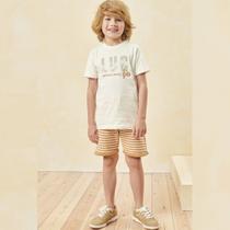 Conjunto Infantil Menino Verão Camiseta Meia Malha e Bermuda em Moletom Textura Listrado Tropical - Luc.boo