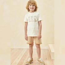 Conjunto Infantil Menino Verão Camiseta Meia Malha e Bermuda em Moletom Textura Listrado Tropical - Luc.boo
