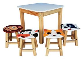 Conjunto Infantil Mesa 4 e baquinhos kit014 Artesanal em Madeira, Decoração