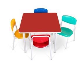 Conjunto infantil mesa vermelha MDF alt: 570mm c/ 4 cadeiras coloridas