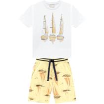Conjunto Infantil Milon Camisa Camiseta Meia Malha E Bermuda Em Moletom Barcos
