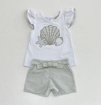 Conjunto Infantil Milon Menina Blusa Bordada Pérolas Conchas Shorts Listrado Cinto Laço Estilo Casual Festa Moda Kids Conjunto Infantil Milon Menina Blusa Bordada Pérolas Conchas Shorts Listrado Cinto Laço Estilo Casual Festa Moda Kids