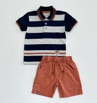 Conjunto Infantil Milon Menino Polo Listrada Azul Marinho Branco Bermuda Laranja Estiloso Casual Conforto Moda Kids