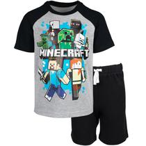 Conjunto Infantil Minecraft Camiseta Gráfica e Shorts Cinza e Preto