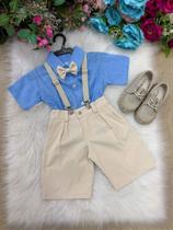 Conjunto Infantil Miss Cherry Henry Azul com Suspensório Bege