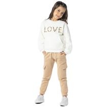 Conjunto Infantil Moletom Blusão Love Bordado e Calça Cargo Bege Vrasalon