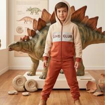 Conjunto Infantil Moletom Masculino Dino Club com Capuz Bege e Telha Rei Rex Conjunto Infantil Moletom Masculino Dino Club com Capuz Bege e Telha Rei Rex