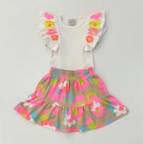 Conjunto Infantil Momi Blusa Canelada Babado Floral e Short Saia Neon Moda Kids