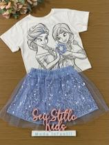 Conjunto Infantil Momi Inverno com Blusa e Saia Azul Frozen Disney