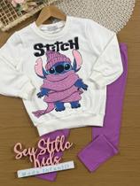 Conjunto Infantil Momi Inverno com Calça Roxa e Moletom sem Flanela Branco Stitch Disney Conjunto Infantil Momi Inverno com Calça Roxa e Moletom sem Flanela Branco Stitch Disney