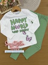 Conjunto Infantil Momi Inverno com Calça Verde e Blusa Manga Longa Branca Borboletas