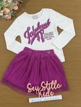Conjunto Infantil Momi Inverno com Saia Rosa em Tela e Blusa Branca com Strass