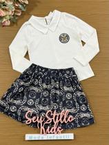 Conjunto Infantil Momi Inverno Saia com Shorts Embutido Azul e Blusa Manga Longa Patch Ursinho