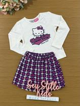 Conjunto Infantil Momi Short Saia e Blusa Manga Longa Hello Kitty com Strass