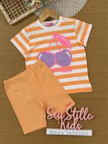 Conjunto Infantil Momi Verão com Shorts Ciclista e Blusa Laranja Listrada Cereja Conjunto Infantil Momi Verão com Shorts Ciclista e Blusa Laranja Listrada Cereja