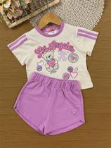 Conjunto Infantil Momi Verão com Shorts Lilás e Blusa Bege Los Angeles