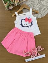 Conjunto Infantil Momi Verão com Shorts Saia Rosa e Regata Branca Hello Kitty Lacinho