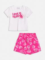 Conjunto Infantil Momi Verão Shorts Saia Rosa Morango e Blusa Canelada