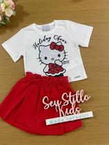 Conjunto Infantil Momi Verão Shorts Saia Vermelha e Blusa Hello Kitty