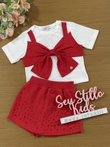 Conjunto Infantil Momi Verão Shorts Saia Vermelha e Blusa Laço Vermelho